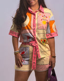 Printed Button Down Shirt And Shorts Set