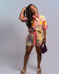 Printed Button Down Shirt And Shorts Set
